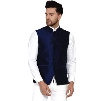 Blue plain banarasi nehru-jacket 1