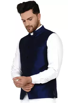 Blue plain banarasi nehru-jacket