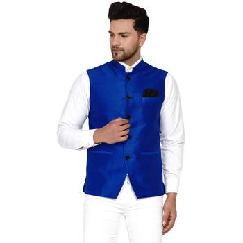 Blue plain banarasi nehru-jacket 1