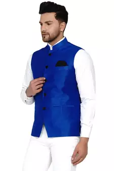 Blue plain banarasi nehru-jacket