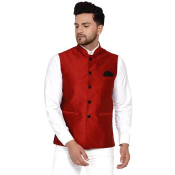 Red plain banarasi nehru-jacket 1
