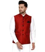 Red plain banarasi nehru-jacket