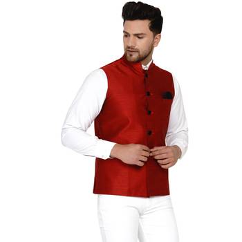Red plain banarasi nehru-jacket 2