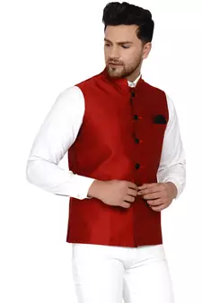 Red plain banarasi nehru-jacket
