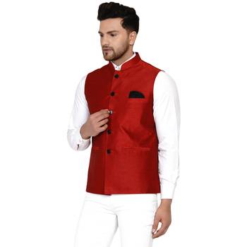 Red plain banarasi nehru-jacket 3