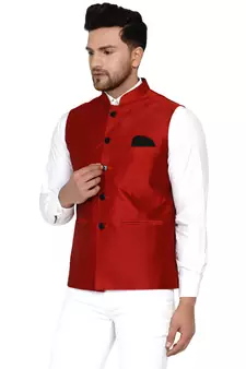 Red plain banarasi nehru-jacket