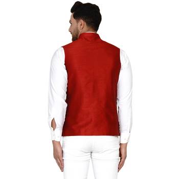 Red plain banarasi nehru-jacket 4