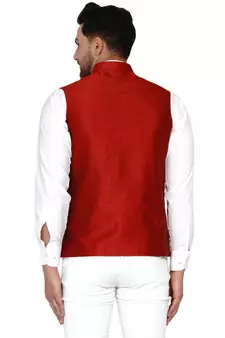 Red plain banarasi nehru-jacket