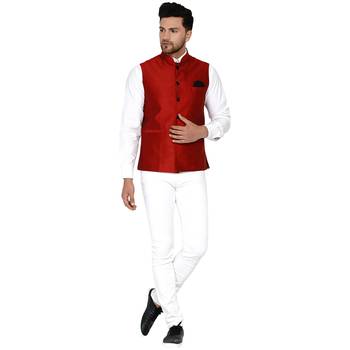 Red plain banarasi nehru-jacket 5