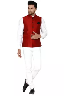 Red plain banarasi nehru-jacket