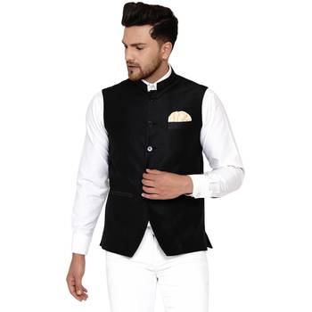 Black Plain Banarasi Nehru Jacket 1