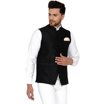 Black Plain Banarasi Nehru Jacket 2