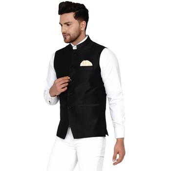 Black Plain Banarasi Nehru Jacket 3