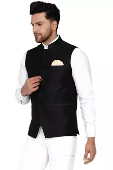 Black Plain Banarasi Nehru Jacket