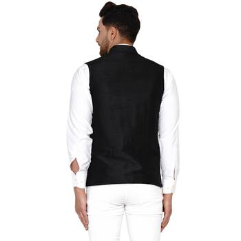 Black Plain Banarasi Nehru Jacket 4