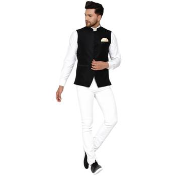 Black Plain Banarasi Nehru Jacket 5