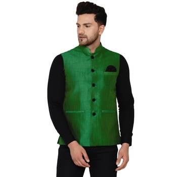 Green plain banarasi nehru-jacket 1
