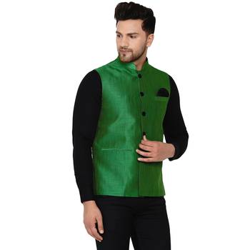 Green plain banarasi nehru-jacket 2
