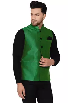 Green plain banarasi nehru-jacket