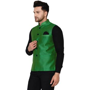 Green plain banarasi nehru-jacket 3