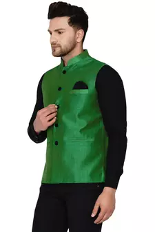 Green plain banarasi nehru-jacket