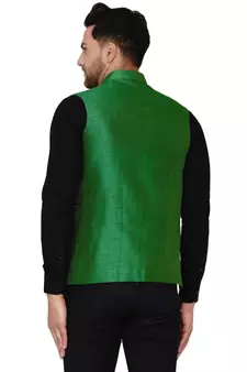 Green plain banarasi nehru-jacket