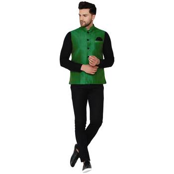 Green plain banarasi nehru-jacket 5