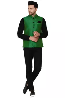 Green plain banarasi nehru-jacket
