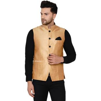 Gold plain banarasi nehru-jacket 1