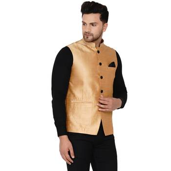Gold plain banarasi nehru-jacket 2