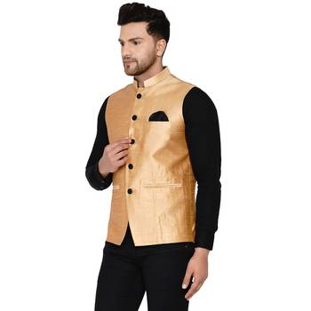 Gold plain banarasi nehru-jacket 3