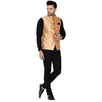 Gold plain banarasi nehru-jacket 5