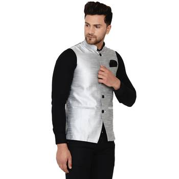 Grey plain banarasi nehru-jacket 2