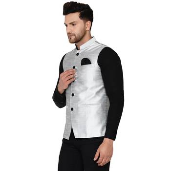 Grey plain banarasi nehru-jacket 3