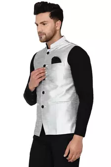 Grey plain banarasi nehru-jacket