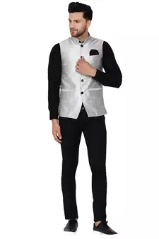Grey plain banarasi nehru-jacket