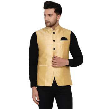 Gold plain banarasi nehru-jacket 1