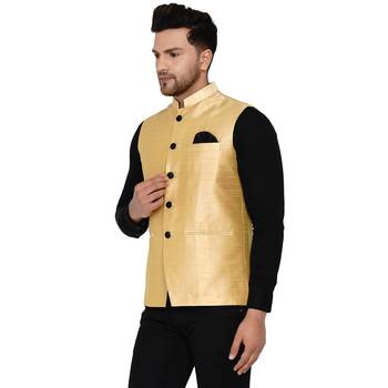 Gold plain banarasi nehru-jacket 3