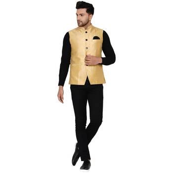 Gold plain banarasi nehru-jacket 5