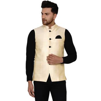 Beige plain banarasi nehru-jacket 1
