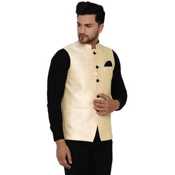 Beige plain banarasi nehru-jacket 2