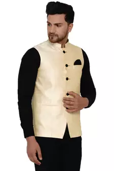 Beige plain banarasi nehru-jacket
