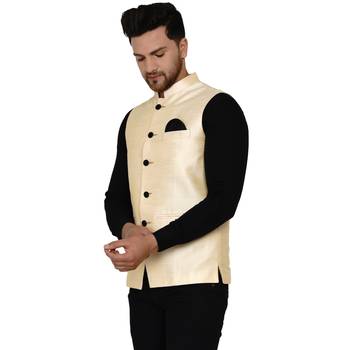 Beige plain banarasi nehru-jacket 3