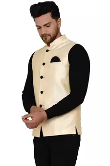Beige plain banarasi nehru-jacket