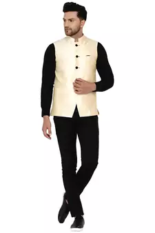 Beige plain banarasi nehru-jacket