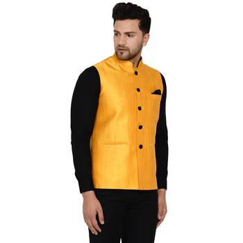 Yellow plain banarasi nehru-jacket 2