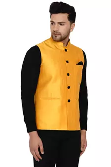 Yellow plain banarasi nehru-jacket