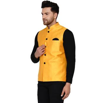 Yellow plain banarasi nehru-jacket 3