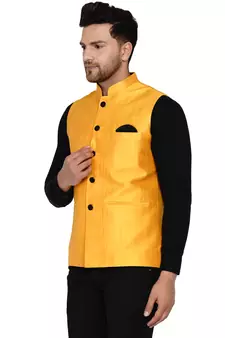 Yellow plain banarasi nehru-jacket