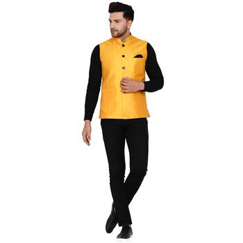 Yellow plain banarasi nehru-jacket 5